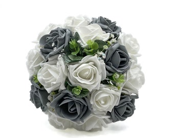 Artificial Wedding Flowers, Grey & White Bridesmaids Bouquet Posy