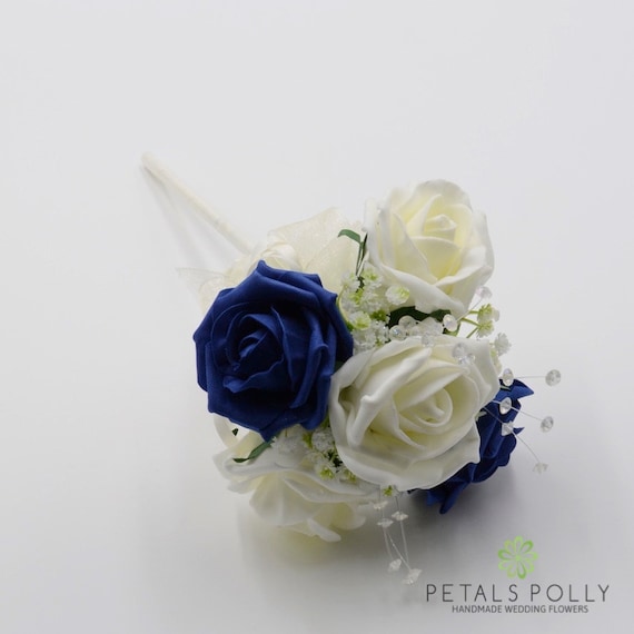 WEDDING FLOWERS NAVY BLUE GOLD IVORY FOAM ROSE BRIDE BOUQUET CRYSTAL ARTIFICIAL 