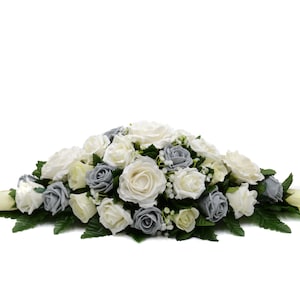 Silk Wedding Flowers, Grey & Ivory Rose Top Table Decoration