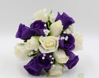 Artificial Wedding Flowers, Purple & Ivory Bridesmaids Bouquet Posy