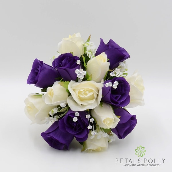 Artificial Wedding Flowers, Purple & Ivory Bridesmaids Bouquet Posy
