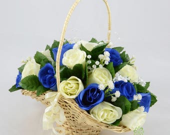 Artificial Wedding Flowers, Royal Blue & Ivory Rose Flower Girl Basket