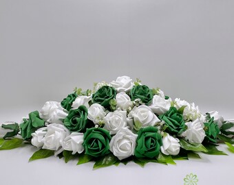 Silk Wedding Flowers, Emerald Green & White Rose Top Table Decoration