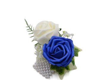 Artificial Wedding Flowers, Royal Blue & Ivory Foam Rose Wrist Corsage