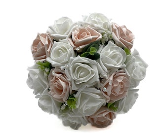 Artificial Wedding Flowers, Mocha & White Rose Bridesmaids Posy Bouquet with Eucalyptus