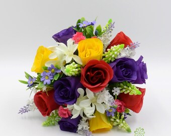 Artificial Wedding Flowers, Multi-coloured Bridesmaids Rose Bouquet Posy with Daisies & Lavender