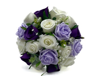 Artificial Wedding Flowers, Purple, Lilac & Ivory Bridesmaids Bouquet Posy