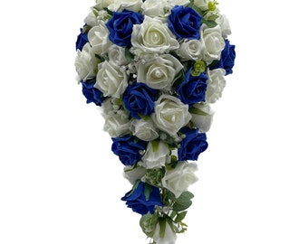 Artificial Wedding Flowers, Royal Blue & Cream/Ivory Rose Brides Teardrop Bouquet