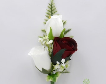 Artificial Wedding Flowers, Burgundy & White Triple Rose Gents Buttonhole / Ladies Corsage, Deep Red, Claret