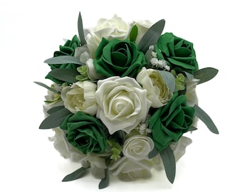 Artificial Wedding Flowers, Emerald Green & Ivory Bridesmaids Bouquet Posy