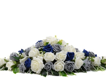 Silk Wedding Flowers, Grey, Navy Blue & Ivory Rose Top Table Decoration with Hydrangea, Eucalyptus