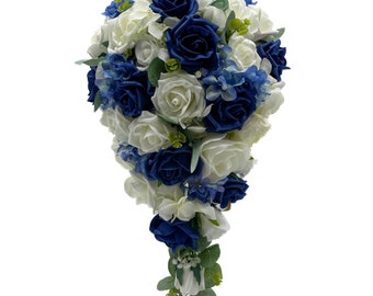 Artificial Wedding Flowers, Navy Blue & Cream/Ivory Rose Brides Teardrop Bouquet with Hydrangea and Ranunculus.