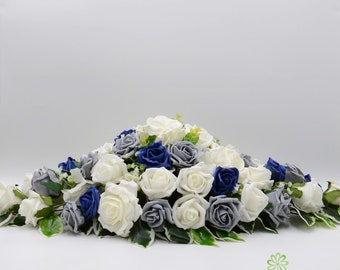 Silk Wedding Flowers, Grey, Navy Blue & Ivory Rose Top Table Decoration with Hydrangea, Eucalyptus