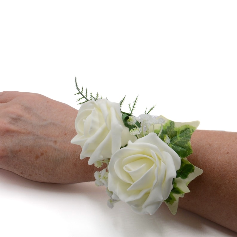 Artificial Wedding Flowers, Lilac & Ivory Foam Rose Wrist Corsage image 2
