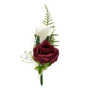 Artificial Wedding Flowers, Burgundy & Ivory Double Foam Rose Buttonhole, Deep Red, Claret