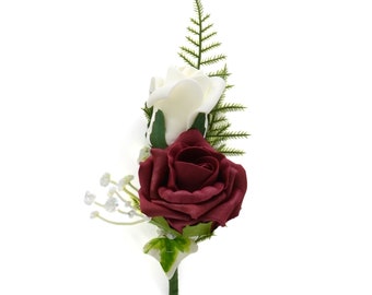 Artificial Wedding Flowers, Burgundy & Ivory Double Foam Rose Buttonhole, Deep Red, Claret