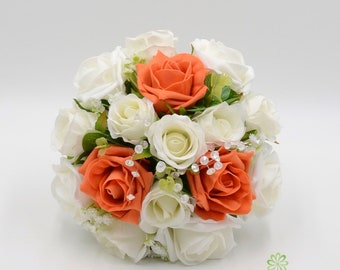 Artificial Wedding Flowers, Orange & Ivory Bridesmaids Bouquet Posy