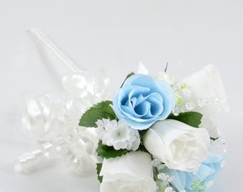 Artificial Wedding Flowers, Baby Blue & White Rose Flower Girl Wand