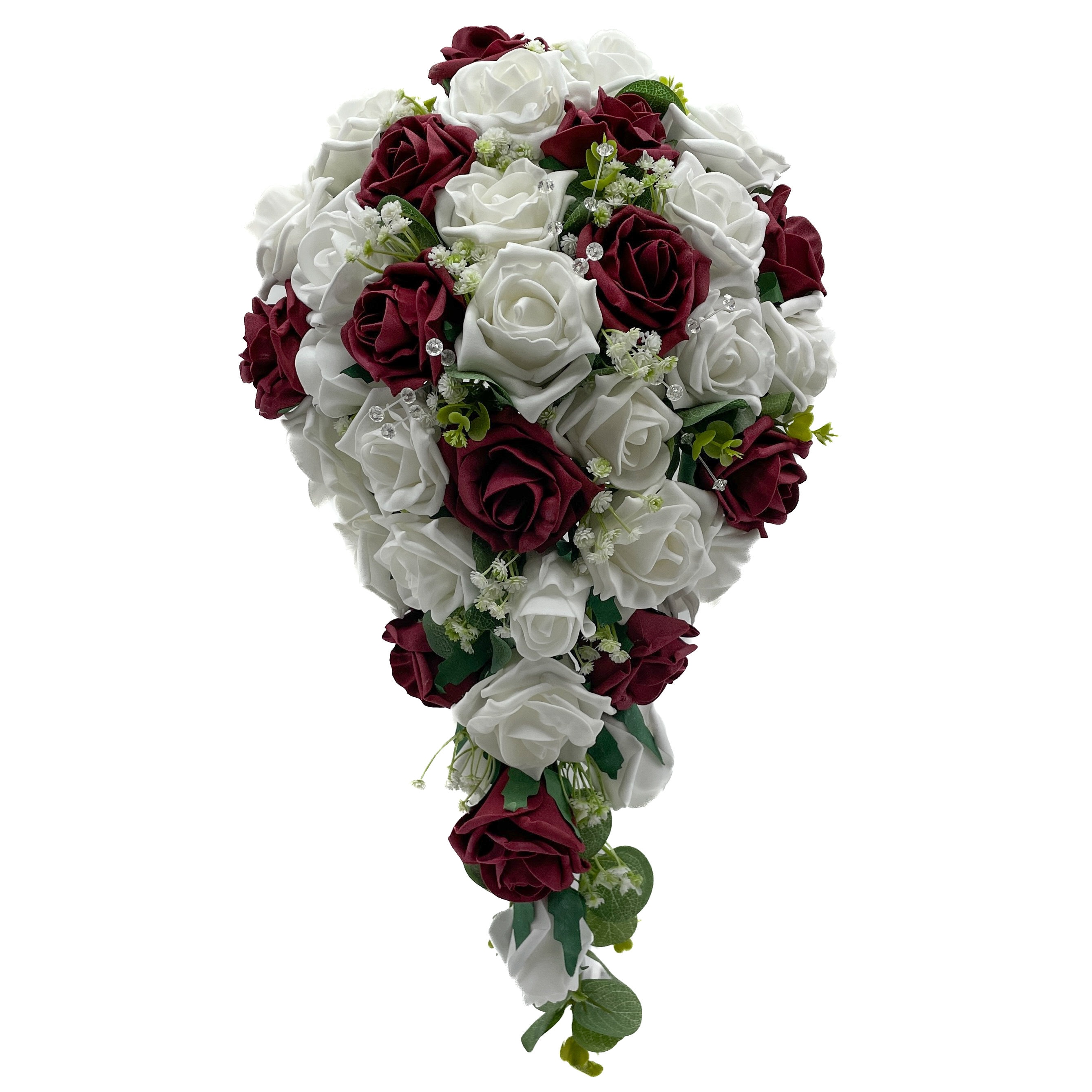 Artificial Wedding Flowers, Burgundy & White Rose Brides Teardrop Bouquet, Deep Red, Claret