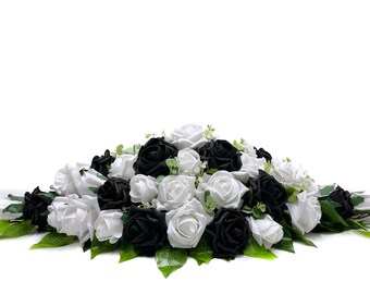 Silk Wedding Flowers, Black & White Rose Top Table Decoration