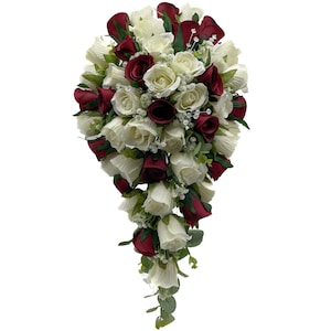 Artificial Wedding Flowers, Burgundy & Ivory Cream Rose Brides Teardrop Bouquet, Deep Red, Claret