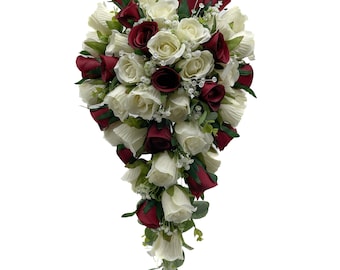 Artificial Wedding Flowers, Burgundy & Ivory Cream Rose Brides Teardrop Bouquet, Deep Red, Claret