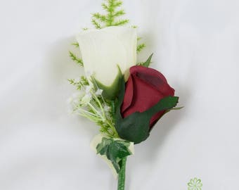 Artificial Wedding Flowers, Burgundy & Ivory Double Rose Buttonhole, Deep Red, Claret