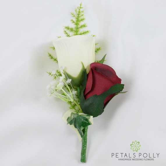 Artificial Wedding Flowers Burgundy /& Ivory Double Rose Buttonhole