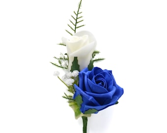 Artificial Wedding Flowers, Royal Blue & Ivory Double Foam Rose Buttonhole