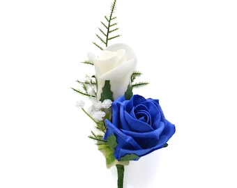 Artificial Wedding Flowers, Navy Blue & Ivory Double Foam Rose Buttonhole