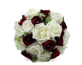 Artificial Wedding Flowers, Burgundy & Ivory Rose with Ranunculus Bridesmaids Bouquet Posy, Deep Red, Claret