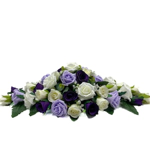 Silk Wedding Flowers, Purple, Lilac & Ivory Rose Top Table Decoration