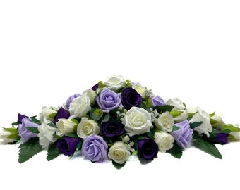 Silk Wedding Flowers, Purple, Lilac & Ivory Rose Top Table Decoration