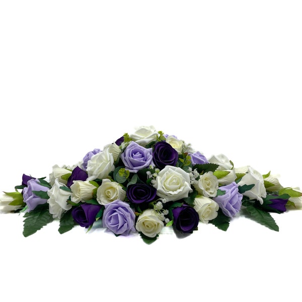 Silk Wedding Flowers, Purple, Lilac & Ivory Rose Top Table Decoration