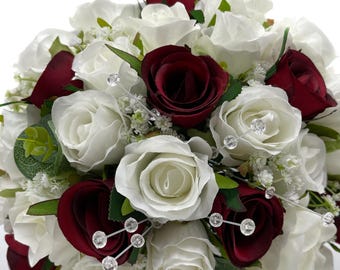 Artificial Wedding Flower Package, Burgundy Claret & Ivory Rose with Eucalyptus, Brides Bouquets, Posies, Buttonholes, Table Decorations