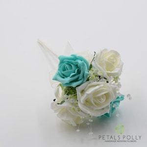 Artificial Wedding Flowers, Cyan Blue & Ivory Foam Rose Flower Girl Wand