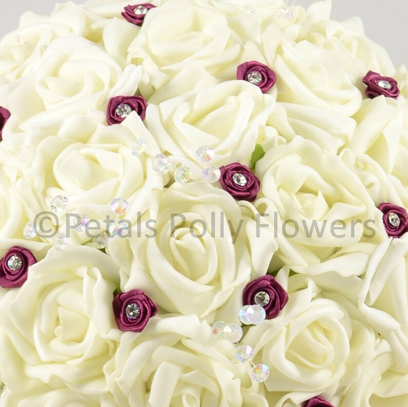 Artificial Wedding Flowers Ivory /& Burgundy Rose Brides Bouquet Posy