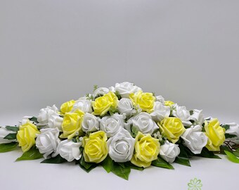 Silk Wedding Flowers, Yellow & White Rose Top Table Decoration