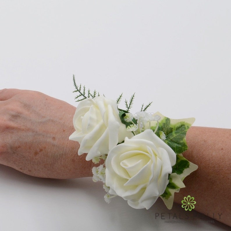 Artificial Wedding Flowers Ivory Foam Rose Wrist Corsage Etsy