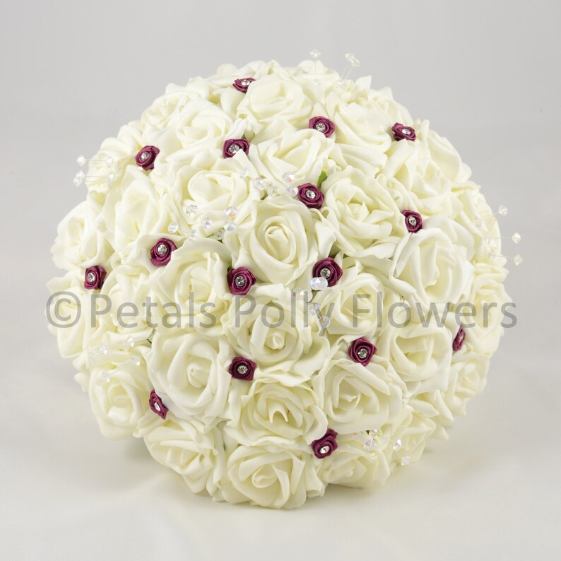 Artificial Wedding Flowers Ivory /& Burgundy Rose Brides Bouquet Posy