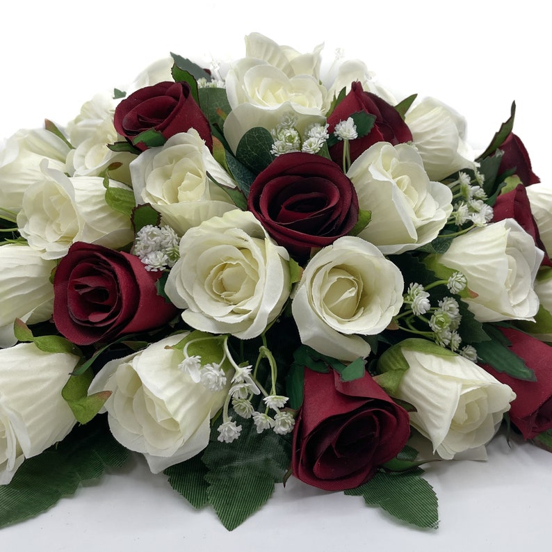 Silk Wedding Flowers, Burgundy & Ivory Rose Top Table Decoration, Deep Red, Claret image 2