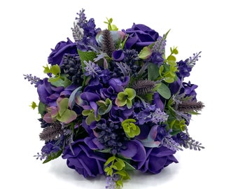 Artificial Wedding Flowers, Purple Rose Bridesmaids Posy with Eryngium & Lavender