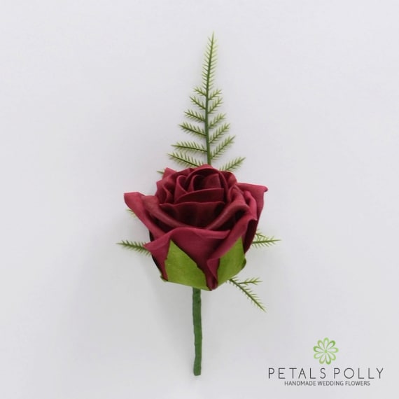 Artificial Wedding Flowers Burgundy /& Ivory Double Rose Buttonhole