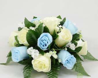 Silk Wedding Flowers, Baby Blue & Ivory Rose Table Centre Decoration