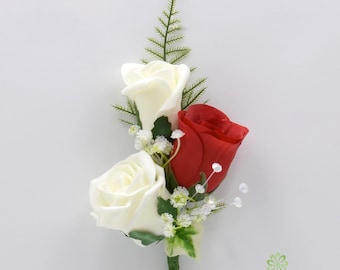 Artificial Wedding Flowers, Red & Ivory Triple Rose Gents Buttonhole / Ladies Corsage