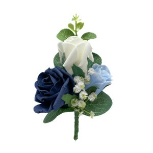 Artificial Wedding Flowers, Navy blue, Baby Blue & Ivory Triple Rose Gents Buttonhole / Ladies Corsage