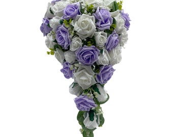 Artificial Wedding Flowers, Lilac & White Rose Brides Teardrop Bouquet