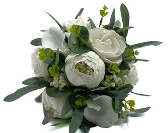 Artificial Wedding Flowers, Natural Style Ivory Bridesmaids Posy with Foliage & Greenery
