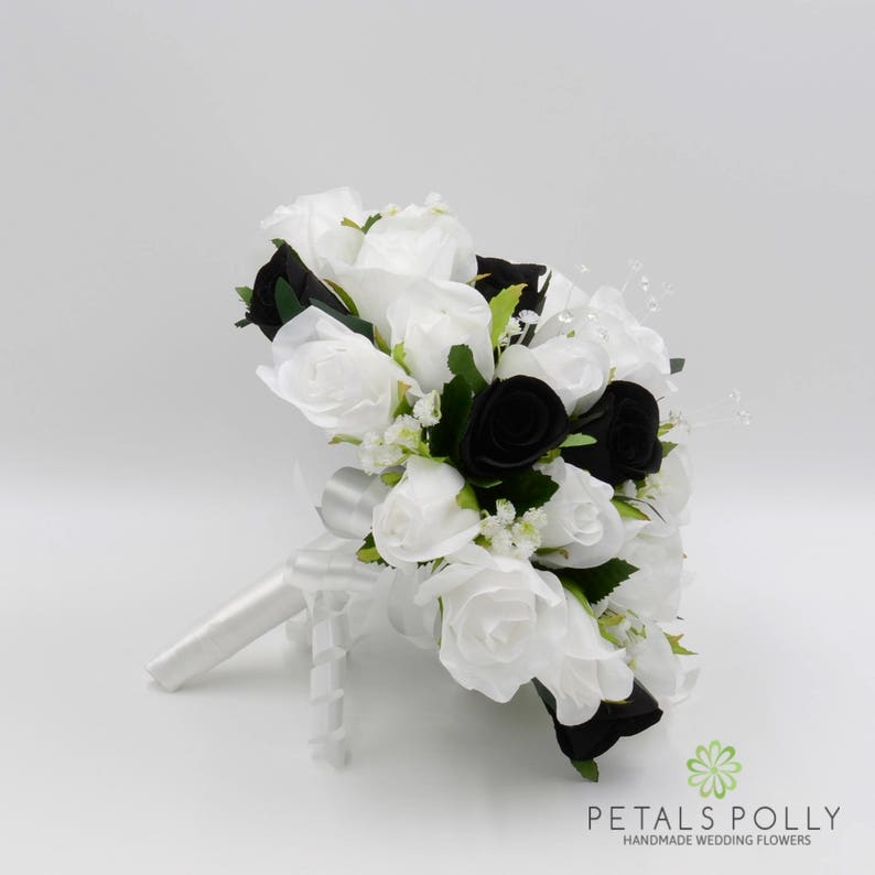 Artificial Wedding Flowers Black & White Rose Brides Bouquet Etsy