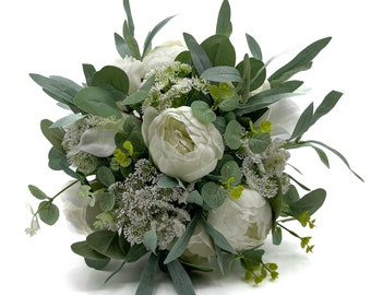 Artificial Wedding Flowers, Natural Style Ivory Brides Posy with Foliage & Greenery